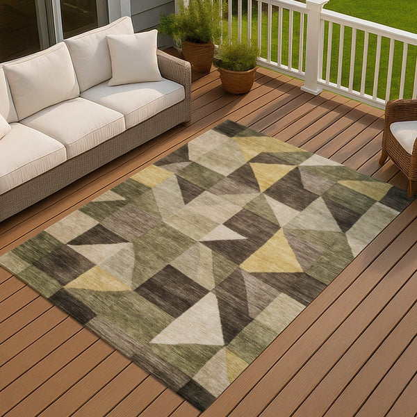 HomeRoots 10' Fern Green & Gold Geometric Indoor-Outdoor Area Rug - Durable, Stain-Resistant, Machine Washable! 689460