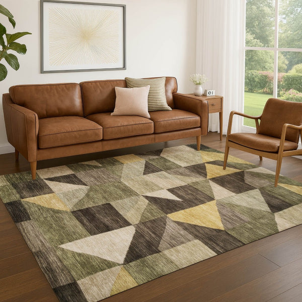 HomeRoots 10' Fern Green & Gold Geometric Indoor-Outdoor Area Rug - Durable, Stain-Resistant, Machine Washable! 689460