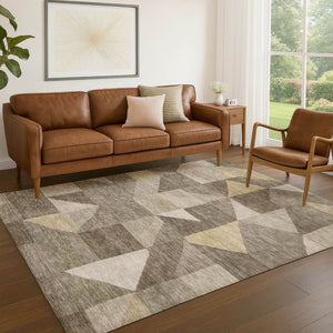 HomeRoots 5' Khaki and Taupe Geometric Area Rug - Stylish, Washable, Durable for Indoor/Outdoor Spaces 689462