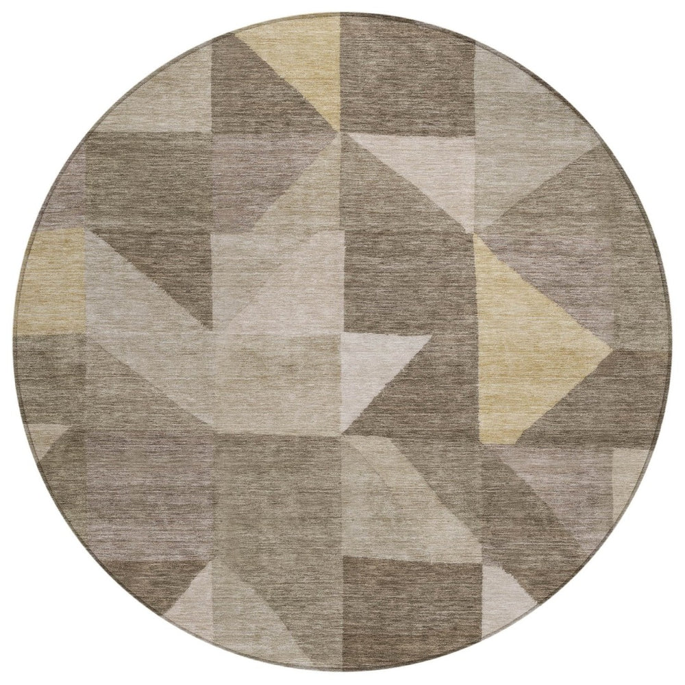 HomeRoots 8' Khaki & Taupe Round Geometric Washable Area Rug - Durable, Stylish & Perfect for Indoor/Outdoor Use 689463