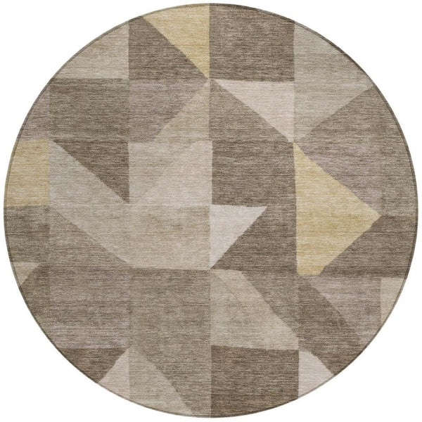 HomeRoots 8' Khaki & Taupe Round Geometric Washable Area Rug - Durable, Stylish & Perfect for Indoor/Outdoor Use 689463