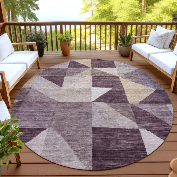 HomeRoots 8' Round Washable Area Rug in Plum & Wheat - Modern Geometric Design for Indoor & Outdoor Use 689469
