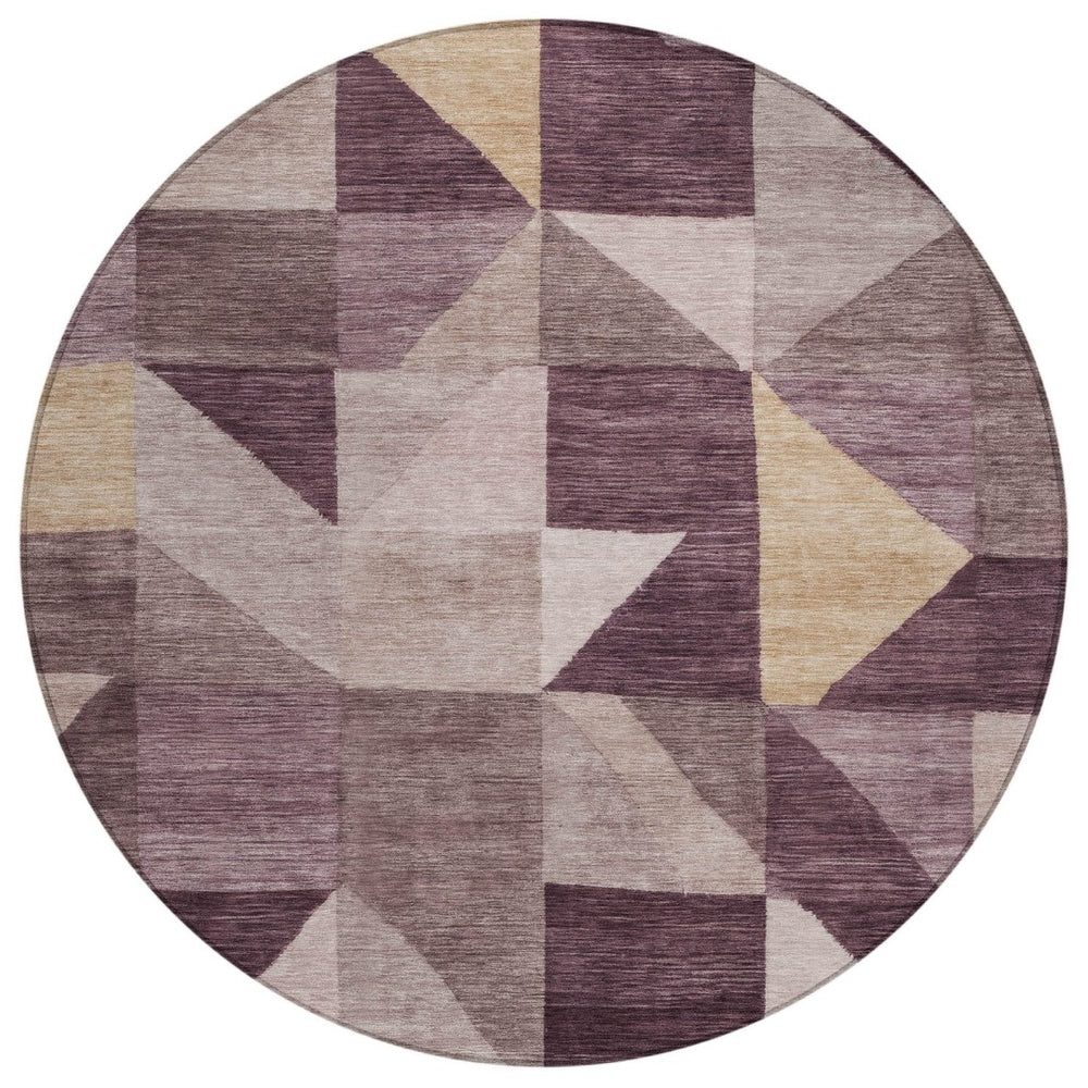HomeRoots 8' Round Washable Area Rug in Plum & Wheat - Modern Geometric Design for Indoor & Outdoor Use 689469