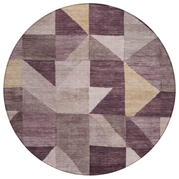 HomeRoots 8' Round Washable Area Rug in Plum & Wheat - Modern Geometric Design for Indoor & Outdoor Use 689469
