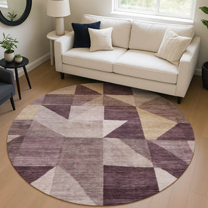 HomeRoots 8' Round Washable Area Rug in Plum & Wheat - Modern Geometric Design for Indoor & Outdoor Use 689469