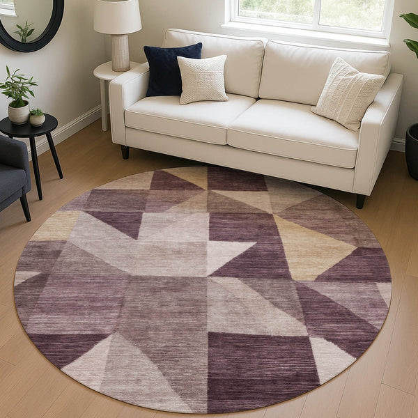 HomeRoots 8' Round Washable Area Rug in Plum & Wheat - Modern Geometric Design for Indoor & Outdoor Use 689469