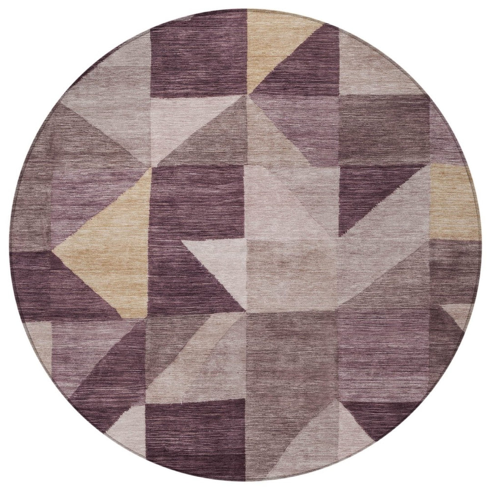 HomeRoots 8' Round Washable Area Rug in Plum & Wheat - Modern Geometric Design for Indoor & Outdoor Use 689469