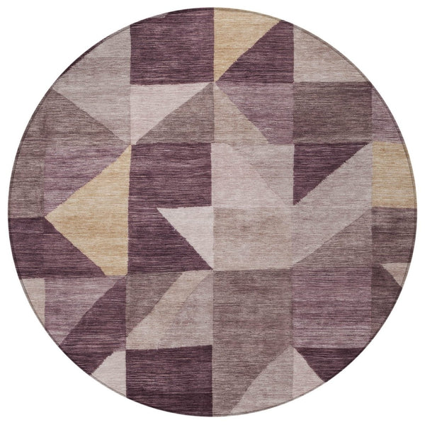 HomeRoots 8' Round Washable Area Rug in Plum & Wheat - Modern Geometric Design for Indoor & Outdoor Use 689469