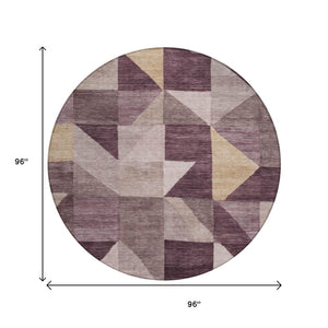 HomeRoots 8' Round Washable Area Rug in Plum & Wheat - Modern Geometric Design for Indoor & Outdoor Use 689469