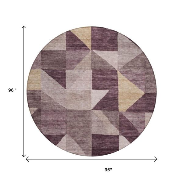 HomeRoots 8' Round Washable Area Rug in Plum & Wheat - Modern Geometric Design for Indoor & Outdoor Use 689469