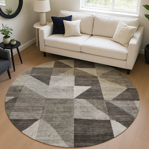 HomeRoots 8' Modern Taupe and Beige Round Geometric Area Rug - Washable, Stylish, Ideal for Indoor & Outdoor Use 689475