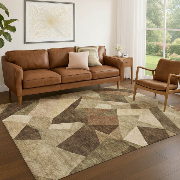 HomeRoots 5' Brown and Beige Abstract Area Rug - Washable Indoor/Outdoor Mat for Stylish, Durable Spaces 689480