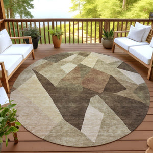 HomeRoots 8' Round Abstract Washable Indoor Outdoor Area Rug - Modern Brown & Beige Design for Every Space 689481