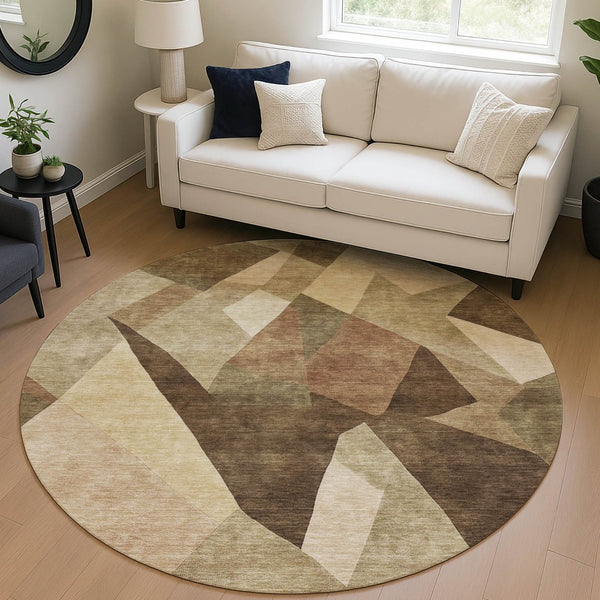 HomeRoots 8' Round Abstract Washable Indoor Outdoor Area Rug - Modern Brown & Beige Design for Every Space 689481