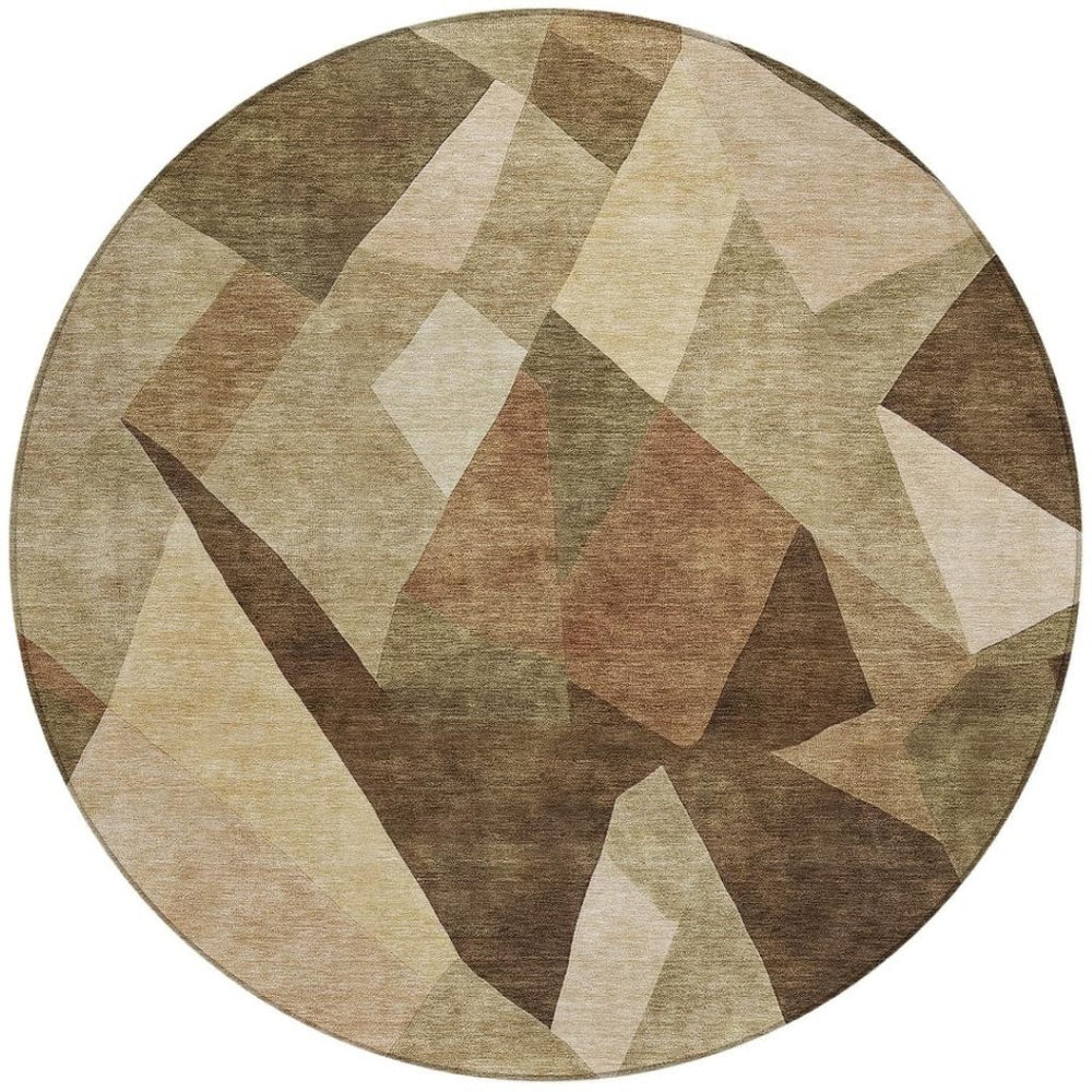 HomeRoots 8' Round Abstract Washable Indoor Outdoor Area Rug - Modern Brown & Beige Design for Every Space 689481