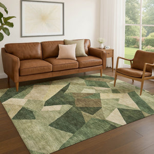 HomeRoots 5' Green and Beige Abstract Area Rug - Washable, Durable, Indoor/Outdoor Perfect for High-Traffic Spaces 689486