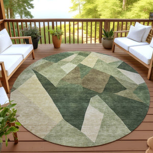 HomeRoots 8' Green and Beige Round Abstract Area Rug - Stylish, Washable, Durable for Indoor & Outdoor Spaces 689487
