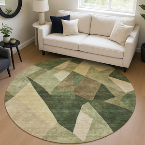 HomeRoots 8' Green and Beige Round Abstract Area Rug - Stylish, Washable, Durable for Indoor & Outdoor Spaces 689487