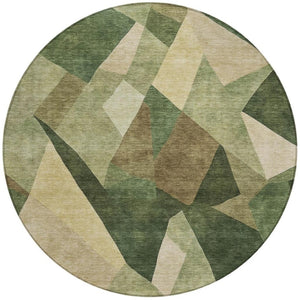HomeRoots 8' Green and Beige Round Abstract Area Rug - Stylish, Washable, Durable for Indoor & Outdoor Spaces 689487