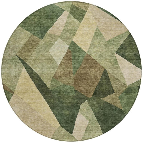 HomeRoots 8' Green and Beige Round Abstract Area Rug - Stylish, Washable, Durable for Indoor & Outdoor Spaces 689487