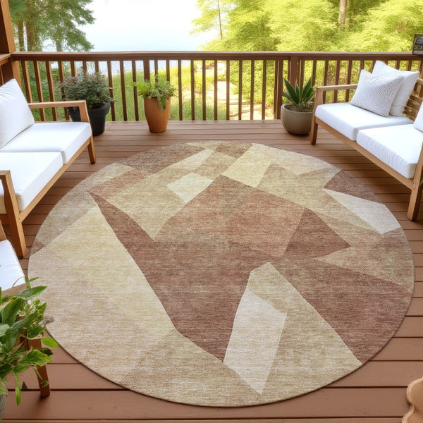HomeRoots 8' Round Abstract Washable Rug in Rust & Beige – Modern Indoor/Outdoor Accent for High Traffic Areas 689493