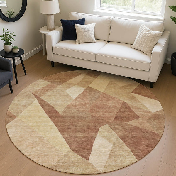HomeRoots 8' Round Abstract Washable Rug in Rust & Beige – Modern Indoor/Outdoor Accent for High Traffic Areas 689493