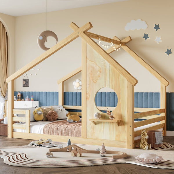 English Elm Twin House Bed Low Profile Pine Wood Frame with Shelf Montessori Kids Floor Sleeping Natural W5305P429645