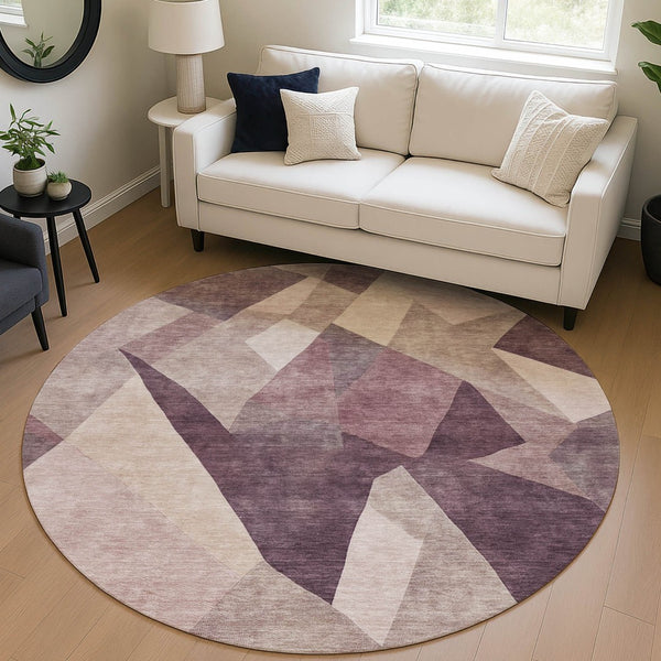 HomeRoots 8' Plum and Beige Abstract Round Area Rug - Durable, Washable, Stylish for Indoor & Outdoor Spaces 689499