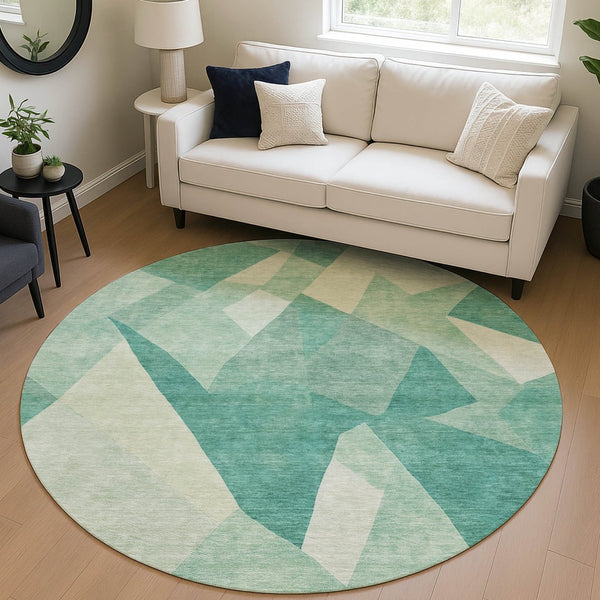 HomeRoots 8' Teal Blue and Ivory Round Abstract Rug – Stylish, Durable, Washable for Indoor & Outdoor Use 689505