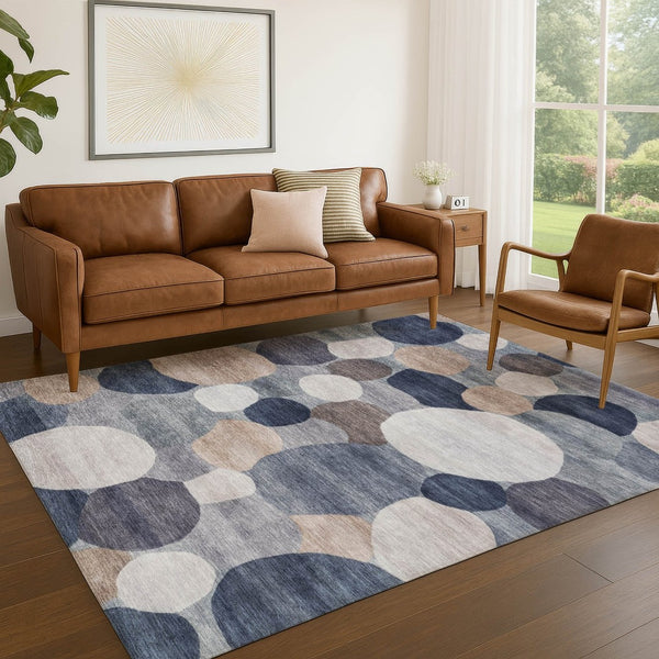 HomeRoots 5' Geometric Indoor Outdoor Area Rug in Blue, Beige & Gray - Washable, Durable & Stylish Design 689512