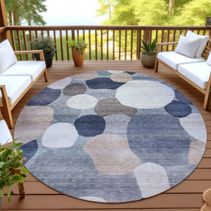 HomeRoots 8' Round Geometric Area Rug in Blue, Beige & Gray – Washable, Durable for Indoor & Outdoor Use 689513