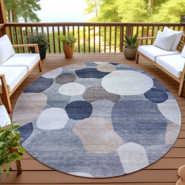 HomeRoots 8' Round Geometric Area Rug in Blue, Beige & Gray – Washable, Durable for Indoor & Outdoor Use 689513