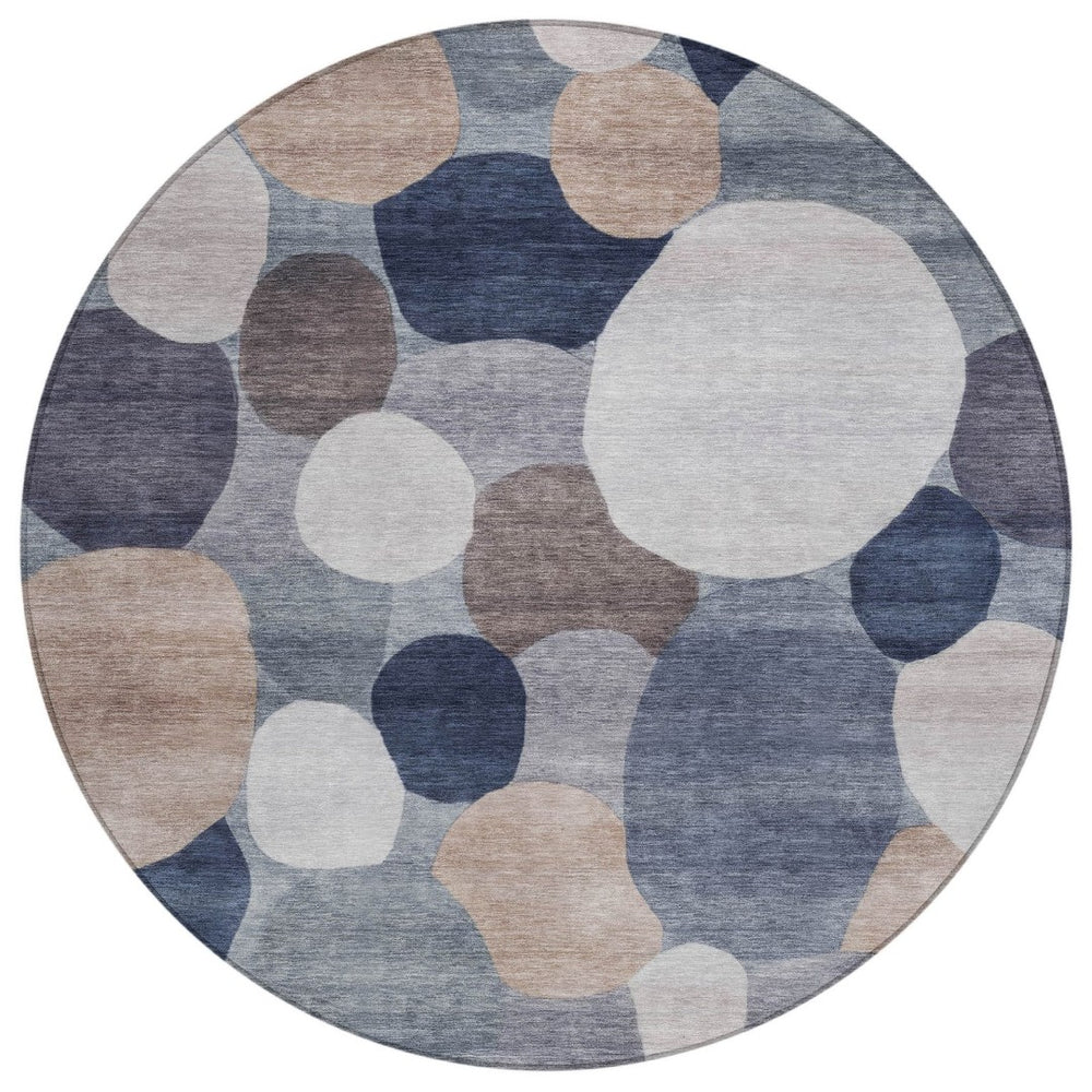 HomeRoots 8' Round Geometric Area Rug in Blue, Beige & Gray – Washable, Durable for Indoor & Outdoor Use 689513