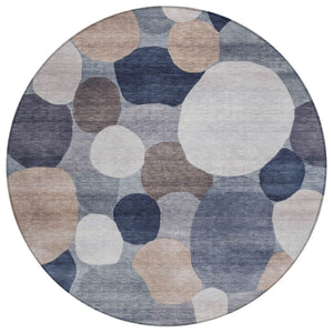 HomeRoots 8' Round Geometric Area Rug in Blue, Beige & Gray – Washable, Durable for Indoor & Outdoor Use 689513