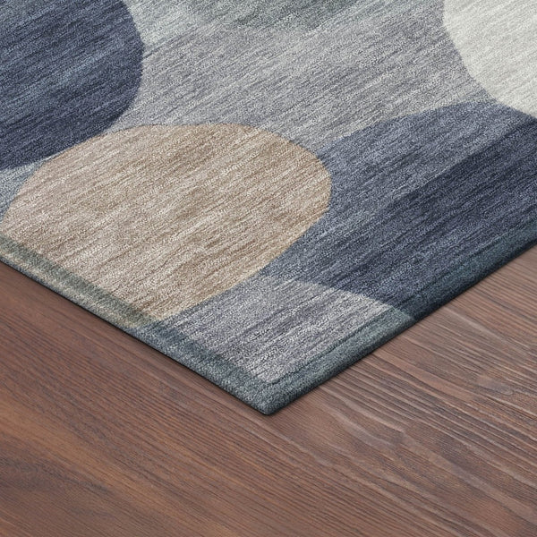 HomeRoots 8' Round Geometric Area Rug in Blue, Beige & Gray – Washable, Durable for Indoor & Outdoor Use 689513