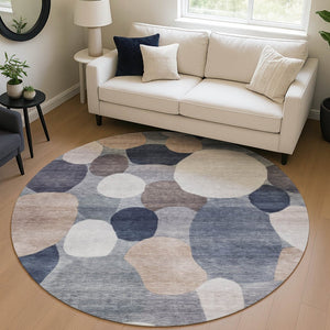 HomeRoots 8' Round Geometric Area Rug in Blue, Beige & Gray – Washable, Durable for Indoor & Outdoor Use 689513
