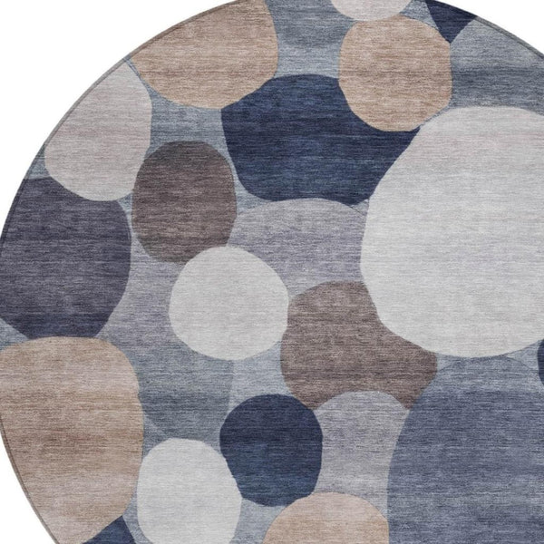 HomeRoots 8' Round Geometric Area Rug in Blue, Beige & Gray – Washable, Durable for Indoor & Outdoor Use 689513