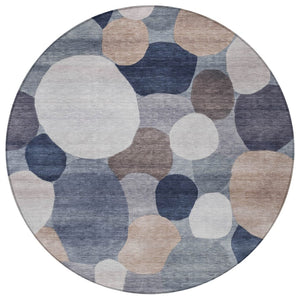 HomeRoots 8' Round Geometric Area Rug in Blue, Beige & Gray – Washable, Durable for Indoor & Outdoor Use 689513