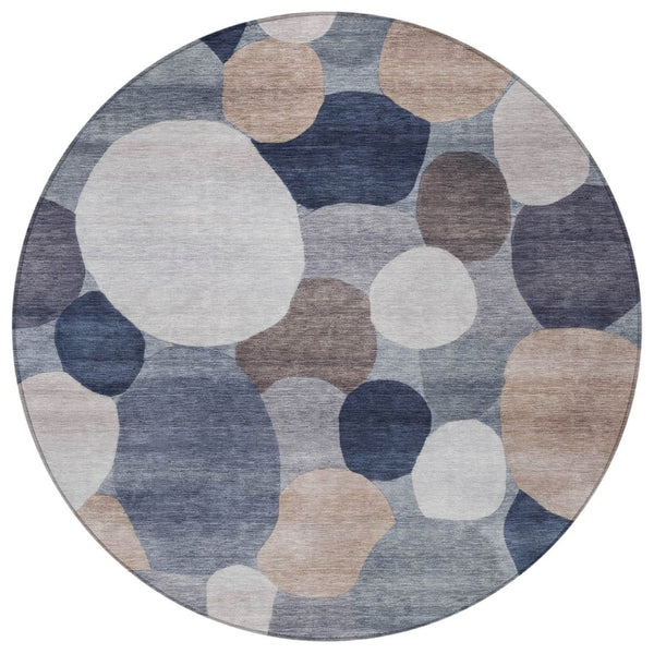 HomeRoots 8' Round Geometric Area Rug in Blue, Beige & Gray – Washable, Durable for Indoor & Outdoor Use 689513