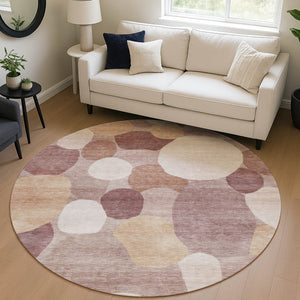 HomeRoots 8' Blush and Beige Round Geometric Rug - Durable, Washable, Stylish for Indoor & Outdoor Spaces! 689519