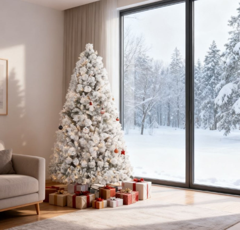 English Elm Christmas Flocked Fir Tree 7.5 Ft with 500 Warm White Lights and Steel Base T3971P419967