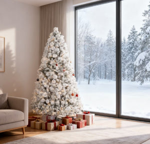 English Elm Christmas Flocked Fir Tree 7.5 Ft with 500 Warm White Lights and Steel Base T3971P419967