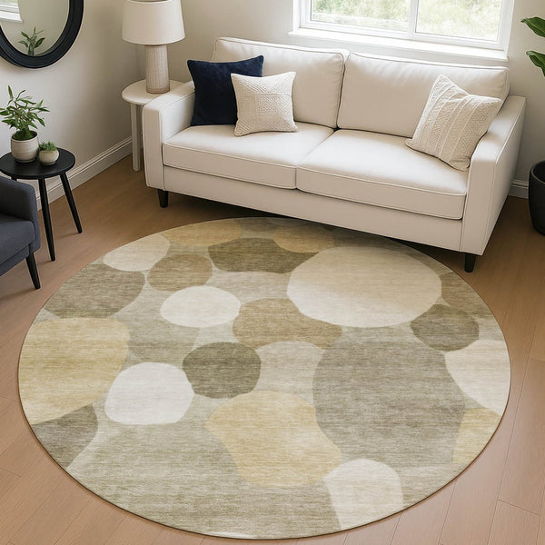 HomeRoots 8' Round Geometric Area Rug in Khaki & Beige - Stylish, Durable, Machine-Washable for Indoors & Outdoors 689543