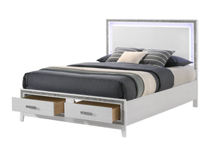 English Elm Haiden Queen Bed with LED-Illuminated Panel Headboard, Silver Trim & Under-Bed Storage Drawers White 29 L x 21 W x 13 H B2726S00139