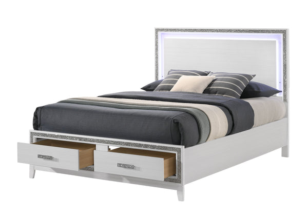 English Elm Haiden Queen Bed with LED-Illuminated Panel Headboard, Silver Trim & Under-Bed Storage Drawers White 29 L x 21 W x 13 H B2726S00139