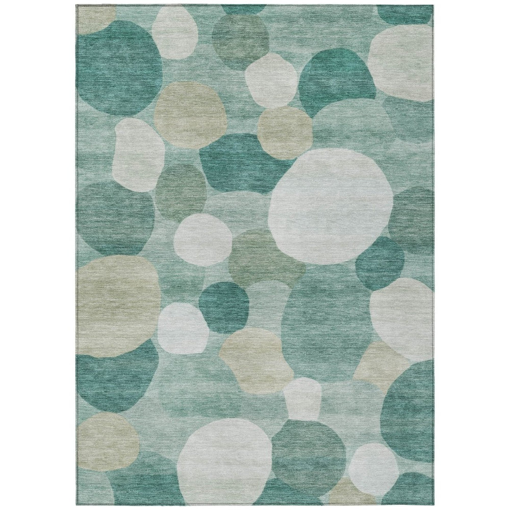 HomeRoots 5' Teal Blue and Ivory Geometric Washable Area Rug – Indoor/Outdoor Durable Style for High-Traffic Spaces 689566