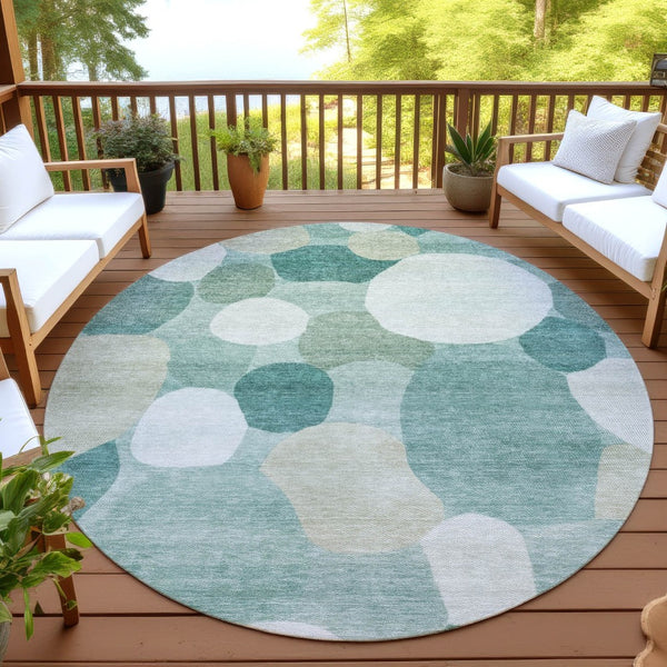 HomeRoots 8' Teal Blue & Ivory Round Geometric Rug - Stylish, Washable Design for Indoor & Outdoor Spaces! 689567
