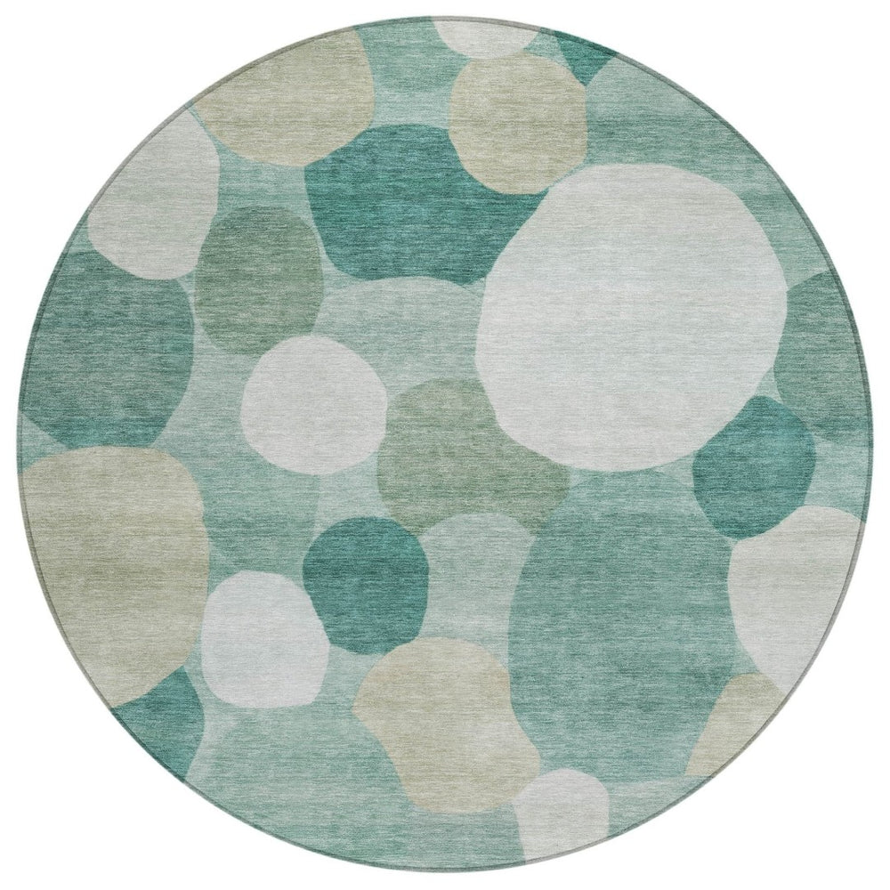 HomeRoots 8' Teal Blue & Ivory Round Geometric Rug - Stylish, Washable Design for Indoor & Outdoor Spaces! 689567