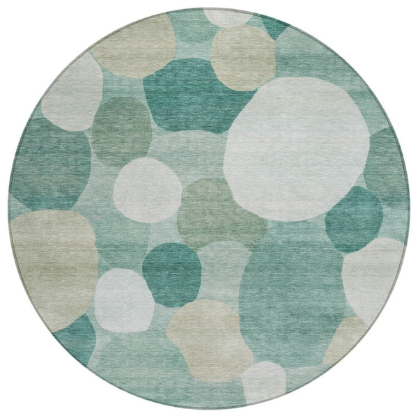 HomeRoots 8' Teal Blue & Ivory Round Geometric Rug - Stylish, Washable Design for Indoor & Outdoor Spaces! 689567