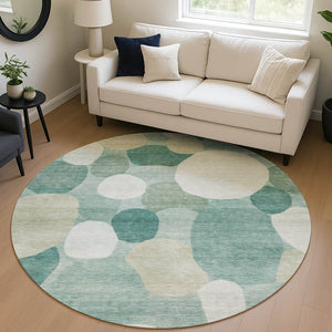 HomeRoots 8' Teal Blue & Ivory Round Geometric Rug - Stylish, Washable Design for Indoor & Outdoor Spaces! 689567